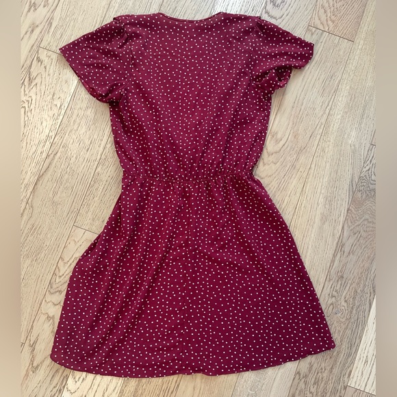 Miley + Molly Polka Dot Ruffle Wine Burgundy Red White Short Sleeve Midi Dress M - Picture 3 of 3